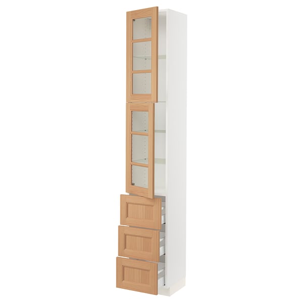 SEKTION / MAXIMERA Armoire haute av 2 ptes vitr/3 tir, blanc/Vedhamn chêne, 15x15x90 "