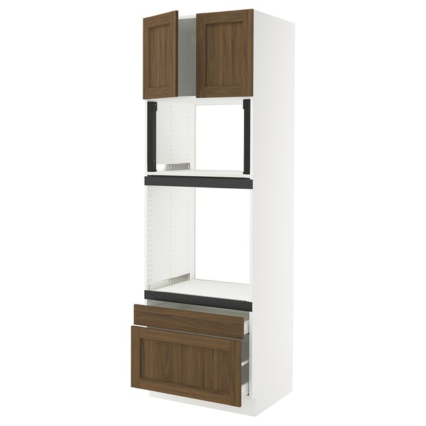 SEKTION / MAXIMERA Armoire haute four/m-o+2tir/2ptes, blanc Enköping/brun effet noyer, 30x24x90 "