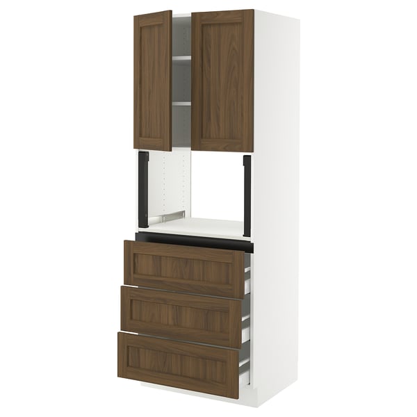 SEKTION / MAXIMERA Armoire haute m-o+3tir/2ptes, blanc Enköping/brun effet noyer, 30x24x80 "