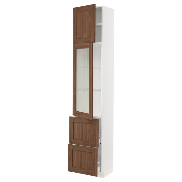 SEKTION / MAXIMERA Armoire haute pte vitr/2 tir/1 pte, blanc Enköping/brun effet noyer, 18x15x90 "