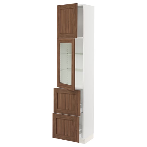 SEKTION / MAXIMERA Armoire haute pte vitr/2 tir/1 pte, blanc Enköping/brun effet noyer, 18x15x80 "