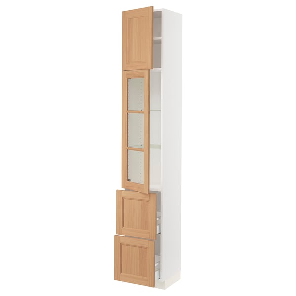 SEKTION / MAXIMERA Armoire haute pte vitr/2 tir/1 pte, blanc/Vedhamn chêne, 15x15x90 "