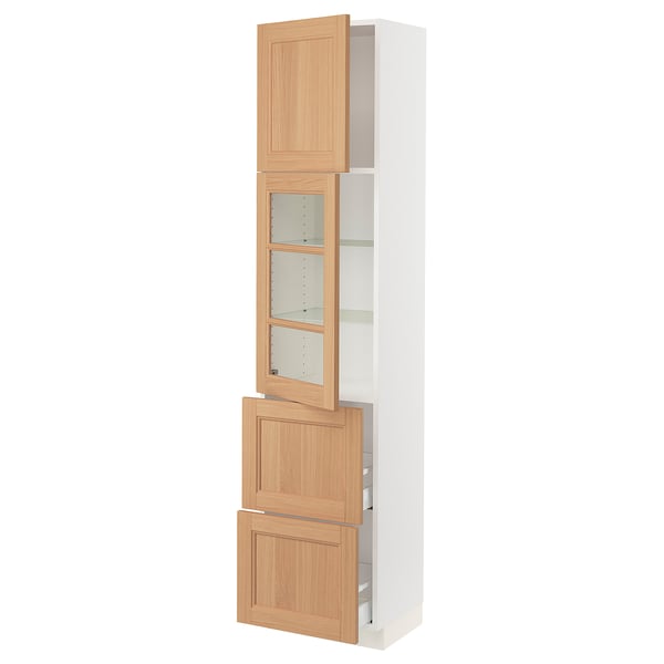 SEKTION / MAXIMERA Armoire haute pte vitr/2 tir/1 pte, blanc/Vedhamn chêne, 18x15x80 "