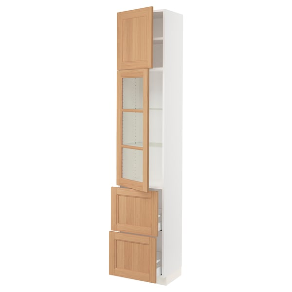SEKTION / MAXIMERA Armoire haute pte vitr/2 tir/1 pte, blanc/Vedhamn chêne, 18x15x90 "