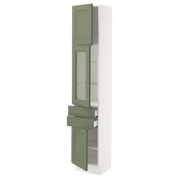 SEKTION / MAXIMERA Armoire haute pte vitr/2 tir/2 ptes, blanc/Axstad gris-vert, 15x15x80 "