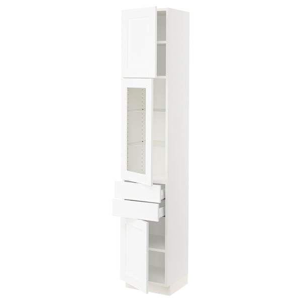 SEKTION / MAXIMERA Armoire haute pte vitr/2 tir/2 ptes, blanc Enköping/blanc effet bois, 15x15x80 "