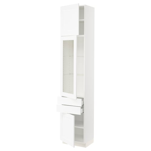 SEKTION / MAXIMERA Armoire haute pte vitr/2 tir/2 ptes, blanc Enköping/blanc effet bois, 18x15x90 "