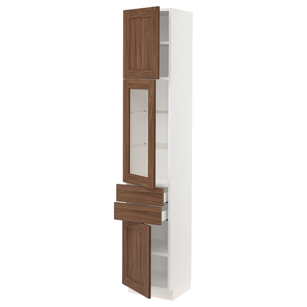 SEKTION / MAXIMERA Armoire haute pte vitr/2 tir/2 ptes, blanc Enköping/brun effet noyer, 15x15x80 "