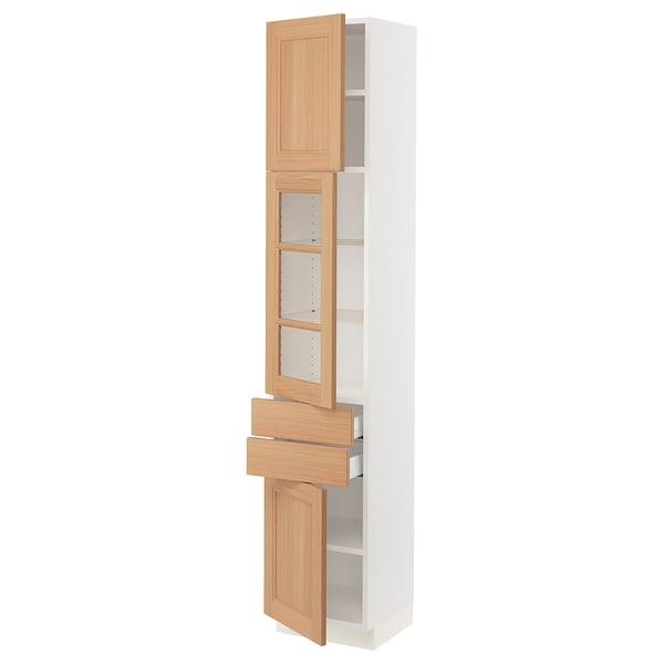 SEKTION / MAXIMERA Armoire haute pte vitr/2 tir/2 ptes, blanc/Vedhamn chêne, 15x15x80 "