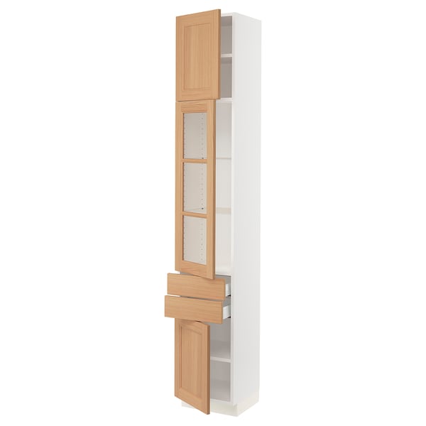 SEKTION / MAXIMERA Armoire haute pte vitr/2 tir/2 ptes, blanc/Vedhamn chêne, 15x15x90 "