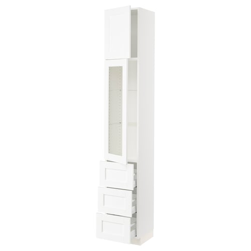 SEKTION / MAXIMERA Armoire haute pte vitr/3 tir/1 pte, blanc Enköping/blanc effet bois, 15x15x90 "