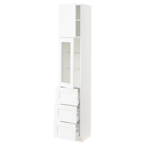 SEKTION / MAXIMERA Armoire haute pte vitr/3 tir/1 pte, blanc Enköping/blanc effet bois, 15x15x80 "