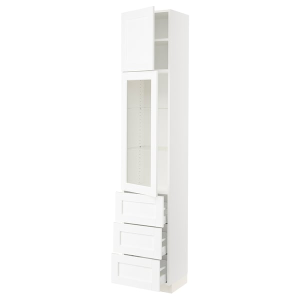 SEKTION / MAXIMERA Armoire haute pte vitr/3 tir/1 pte, blanc Enköping/blanc effet bois, 18x15x90 "