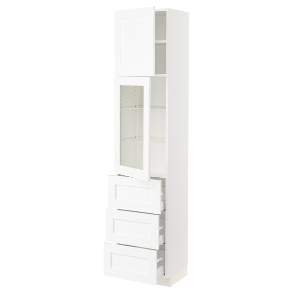 SEKTION / MAXIMERA Armoire haute pte vitr/3 tir/1 pte, blanc Enköping/blanc effet bois, 18x15x80 "