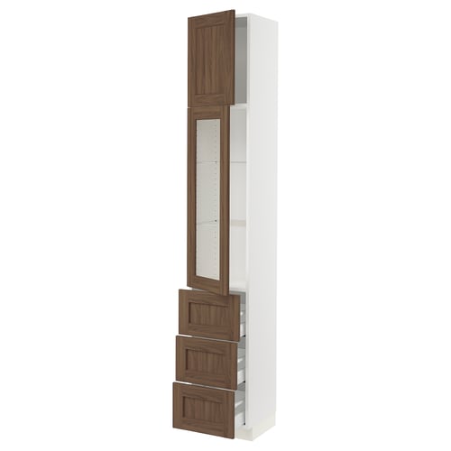 SEKTION / MAXIMERA Armoire haute pte vitr/3 tir/1 pte, blanc Enköping/brun effet noyer, 15x15x90 "