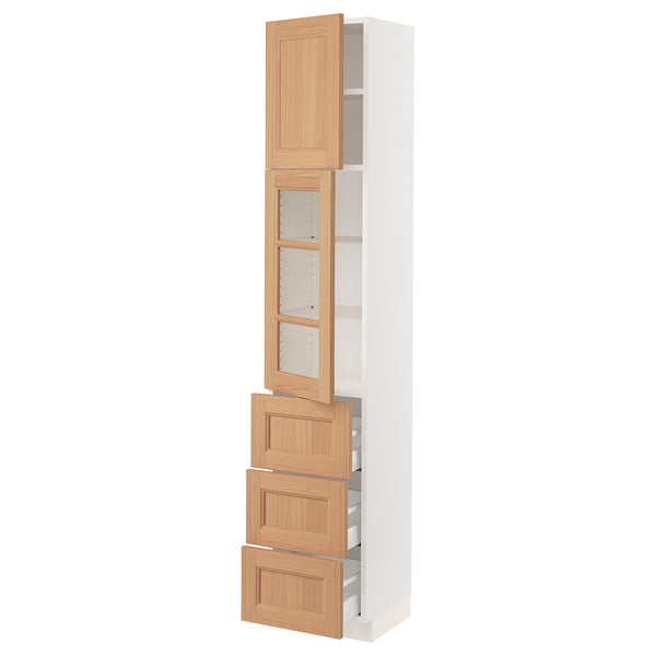 SEKTION / MAXIMERA Armoire haute pte vitr/3 tir/1 pte, blanc/Vedhamn chêne, 15x15x80 "