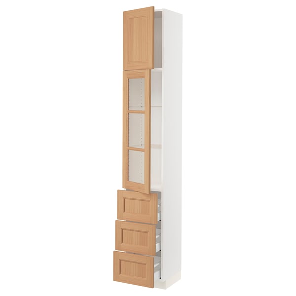 SEKTION / MAXIMERA Armoire haute pte vitr/3 tir/1 pte, blanc/Vedhamn chêne, 15x15x90 "