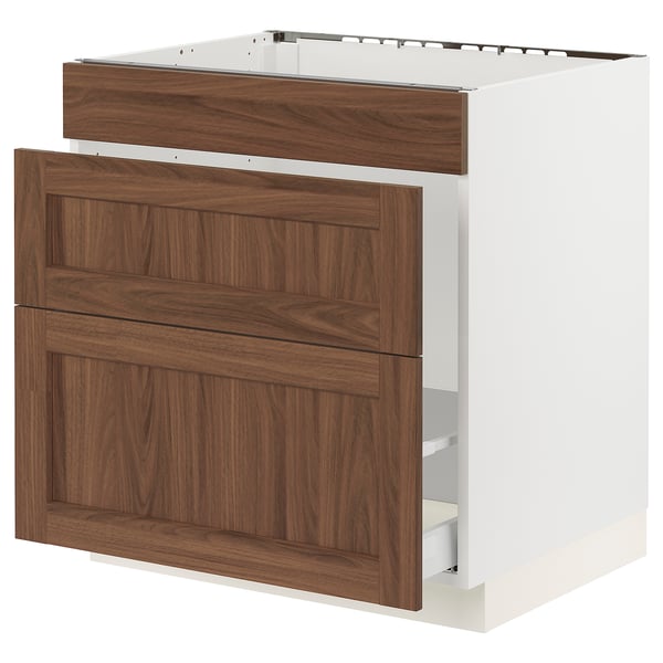 SEKTION / MAXIMERA Armoire inf pr évier/tri/3 faces, blanc Enköping/brun effet noyer, 30x24x30 "