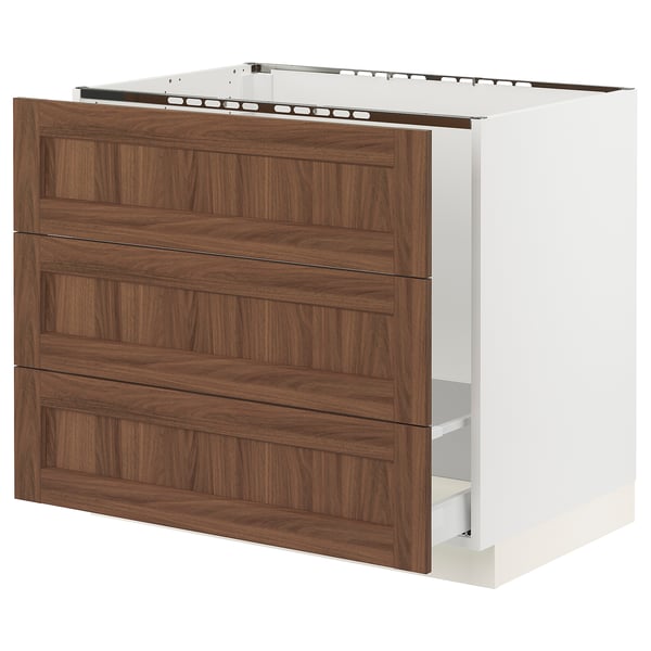 SEKTION / MAXIMERA Armoire inf pr évier/tri/3 faces, blanc Enköping/brun effet noyer, 36x24x30 "