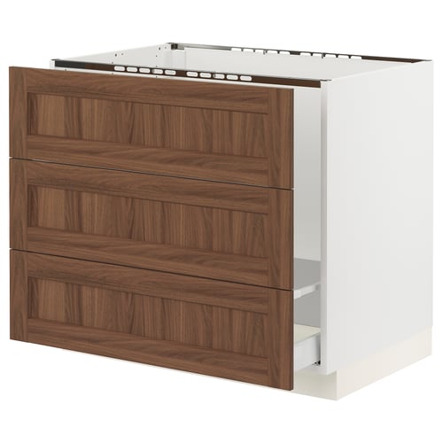 SEKTION / MAXIMERA Armoire inf pr évier/tri/3 faces, blanc Enköping/brun effet noyer, 36x24x30 "