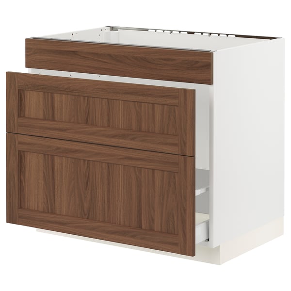 SEKTION / MAXIMERA Armoire inf pr évier/tri/3 faces, blanc Enköping/brun effet noyer, 36x24x30 "