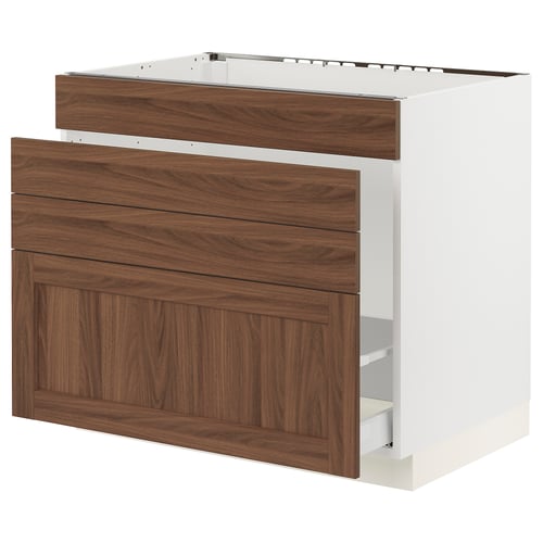 SEKTION / MAXIMERA Armoire inf pr évier/tri/4 faces, blanc Enköping/brun effet noyer, 36x24x30 "
