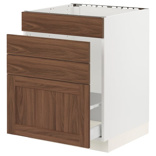 SEKTION / MAXIMERA Armoire inf pr évier/tri/4 faces, blanc Enköping/brun effet noyer, 24x24x30 "