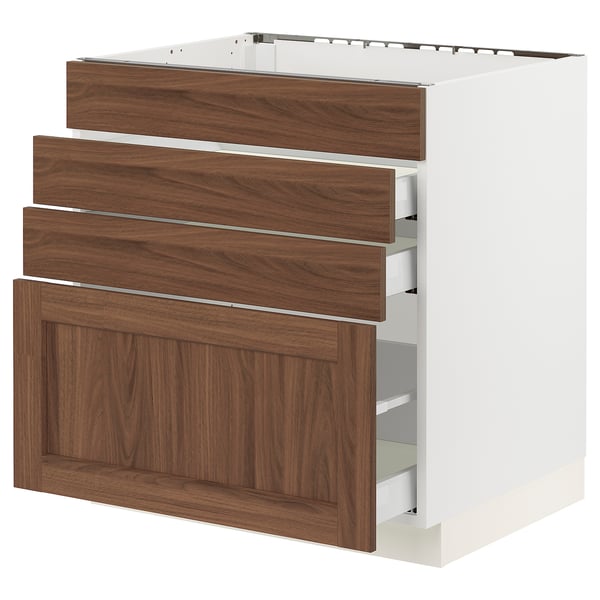 SEKTION / MAXIMERA Armoire inf tbl cuis/4f/3t, blanc Enköping/brun effet noyer, 30x24x30 "