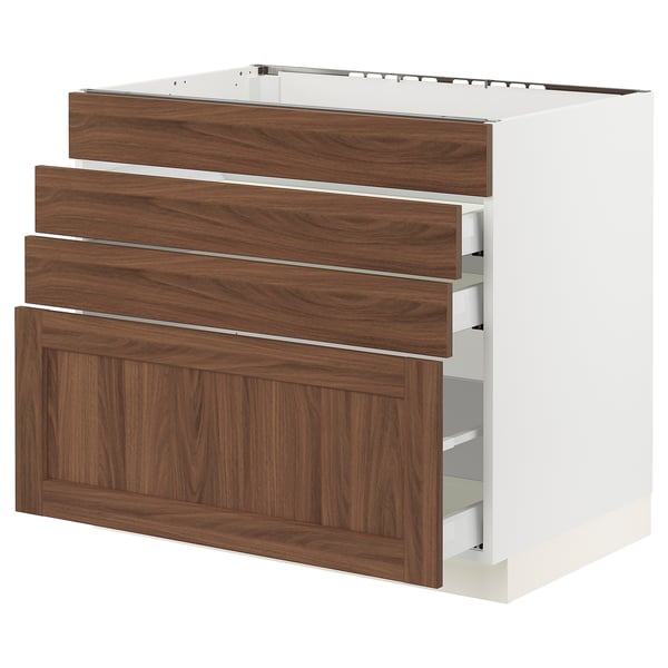 SEKTION / MAXIMERA Armoire inf tbl cuis/4f/3t, blanc Enköping/brun effet noyer, 36x24x30 "