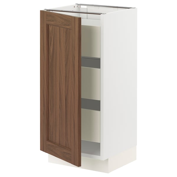 SEKTION / MAXIMERA Armoire inférieure 1 pte/3 tir, blanc Enköping/brun effet noyer, 15x15x30 "