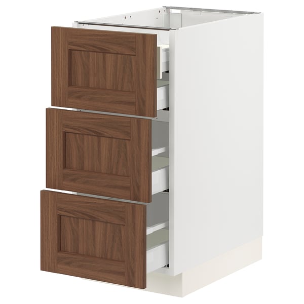 SEKTION / MAXIMERA Armoire inférieure 3 faces/4tiroirs, blanc Enköping/brun effet noyer, 15x24x30 "