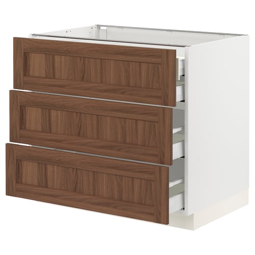 SEKTION / MAXIMERA Armoire inférieure 3 faces/4tiroirs, blanc Enköping/brun effet noyer, 36x24x30 "
