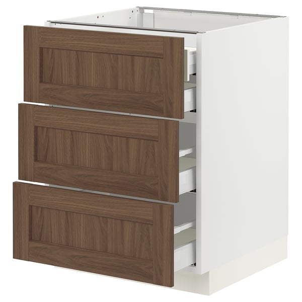 SEKTION / MAXIMERA Armoire inférieure 3 faces/4tiroirs, blanc Enköping/brun effet noyer, 24x24x30 "