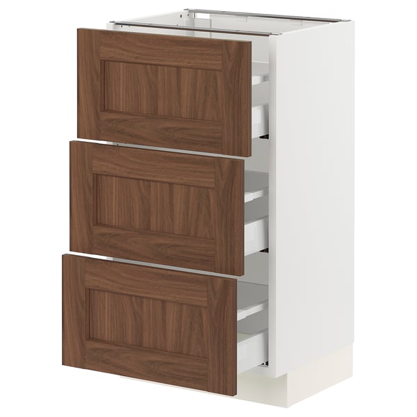 SEKTION / MAXIMERA Armoire inférieure 3 tiroirs, blanc Enköping/brun effet noyer, 18x15x30 "
