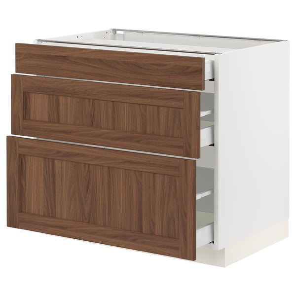 SEKTION / MAXIMERA Armoire inférieure 3 tiroirs, blanc Enköping/brun effet noyer, 36x24x30 "