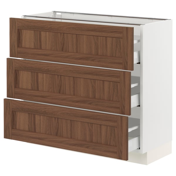 SEKTION / MAXIMERA Armoire inférieure 3 tiroirs, blanc Enköping/brun effet noyer, 36x15x30 "