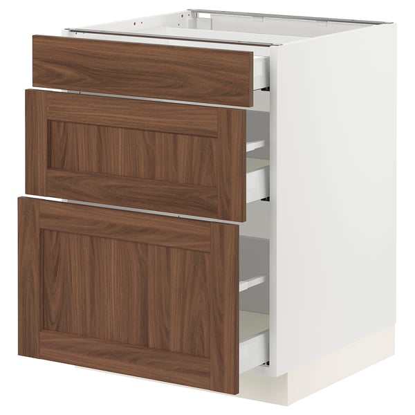 SEKTION / MAXIMERA Armoire inférieure 3 tiroirs, blanc Enköping/brun effet noyer, 24x24x30 "