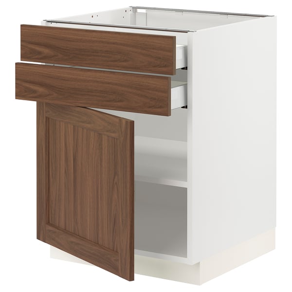 SEKTION / MAXIMERA Armoire inférieure pte/2 tir, blanc Enköping/brun effet noyer, 24x24x30 "