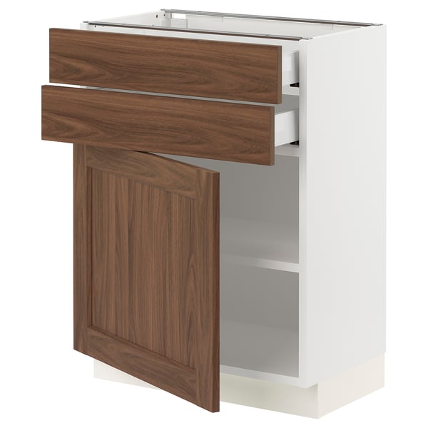 SEKTION / MAXIMERA Armoire inférieure pte/2 tir, blanc Enköping/brun effet noyer, 24x15x30 "
