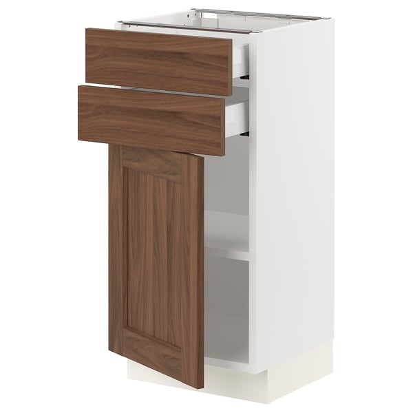 SEKTION / MAXIMERA Armoire inférieure pte/2 tir, blanc Enköping/brun effet noyer, 15x15x30 "