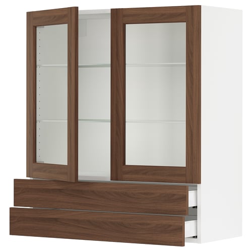 SEKTION / MAXIMERA Armoire murale+2ptes vitrées/2tir, blanc Enköping/brun effet noyer, 36x15x40 "