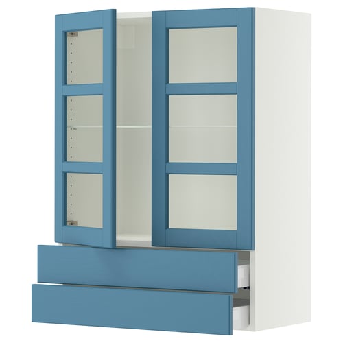 SEKTION / MAXIMERA Armoire murale+2ptes vitrées/2tir, blanc/Lerhyttan bleu, 30x15x40 "