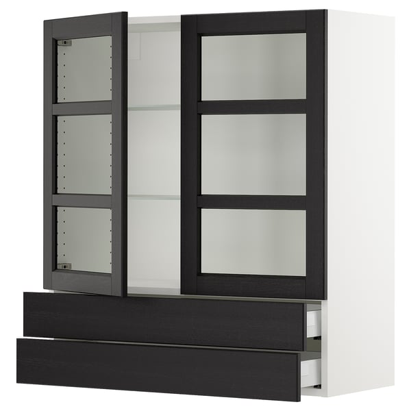 SEKTION / MAXIMERA Armoire murale+2ptes vitrées/2tir, blanc/Lerhyttan teinté noir, 36x15x40 "
