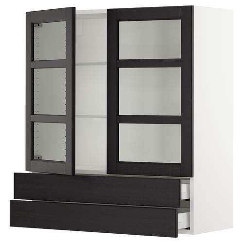 SEKTION / MAXIMERA Armoire murale+2ptes vitrées/2tir, blanc/Lerhyttan teinté noir, 36x15x40 "