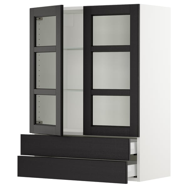 SEKTION / MAXIMERA Armoire murale+2ptes vitrées/2tir, blanc/Lerhyttan teinté noir, 30x15x40 "