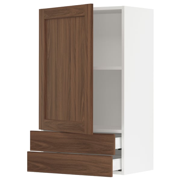 SEKTION / MAXIMERA Armoire murale avec porte/2tiroirs, blanc Enköping/brun effet noyer, 24x15x40 "