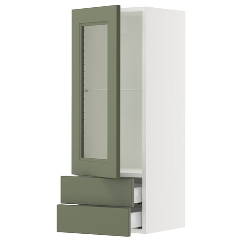 SEKTION / MAXIMERA Armoire murale pte vitrée/2 tiroirs, blanc/Axstad gris-vert, 15x15x40 "