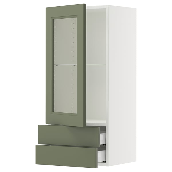 SEKTION / MAXIMERA Armoire murale pte vitrée/2 tiroirs, blanc/Axstad gris-vert, 18x15x40 "