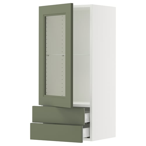 SEKTION / MAXIMERA Armoire murale pte vitrée/2 tiroirs, blanc/Axstad gris-vert, 18x15x40 "