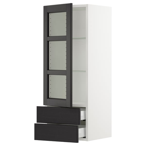 SEKTION / MAXIMERA Armoire murale pte vitrée/2 tiroirs, blanc/Lerhyttan teinté noir, 15x15x40 "